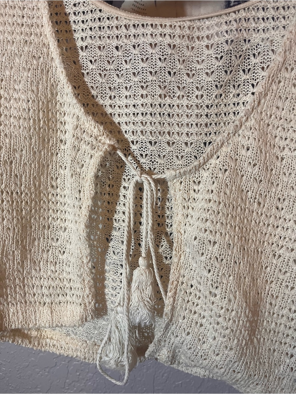 SHEIN Cream Crochet Tie Front Short Sleeve Cardigan Shrug Women’s One Size - Picture 2 of 3